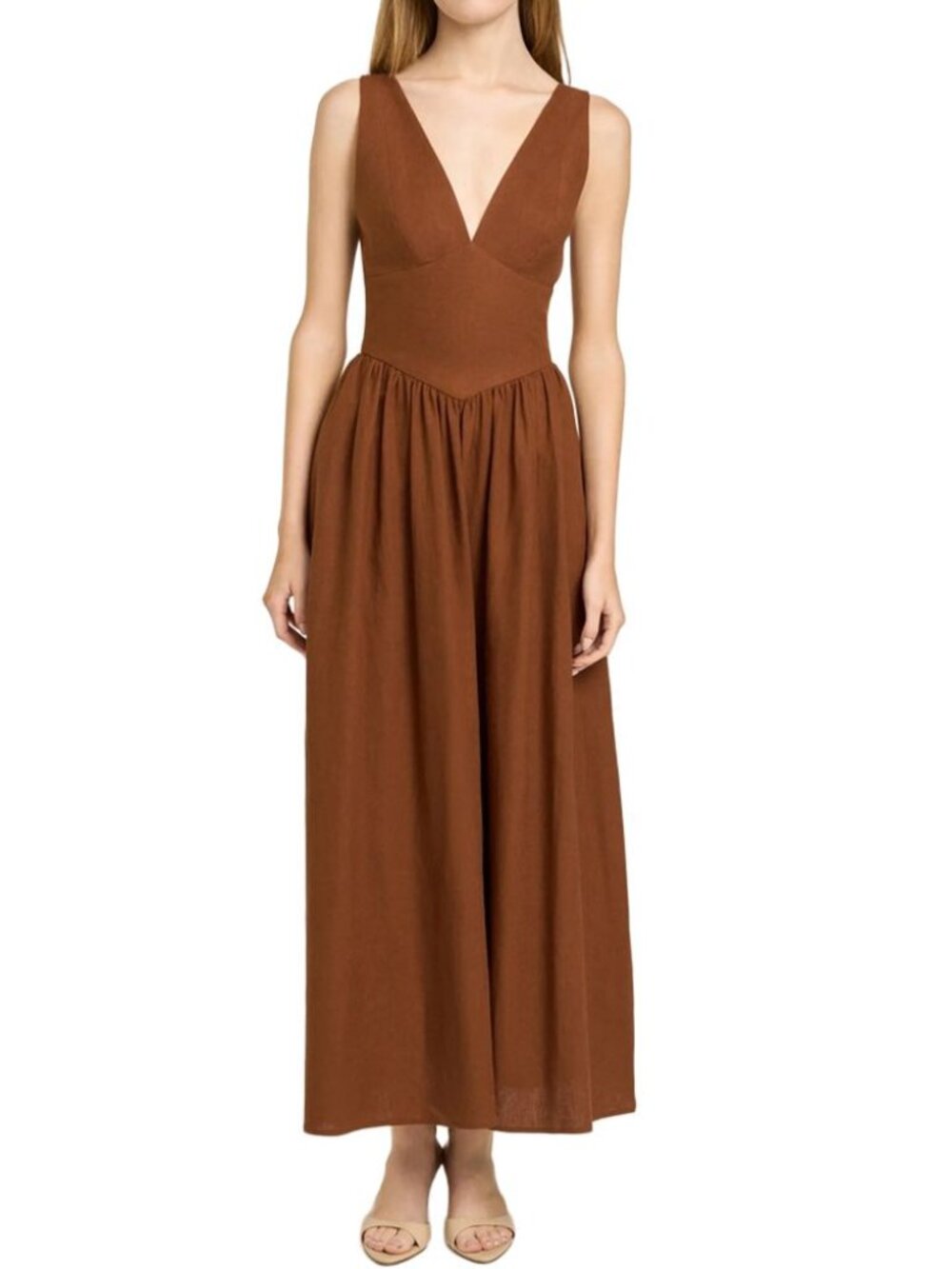 WAYF Vivia Plunge Neck Drop Waist Midi Dress Size M